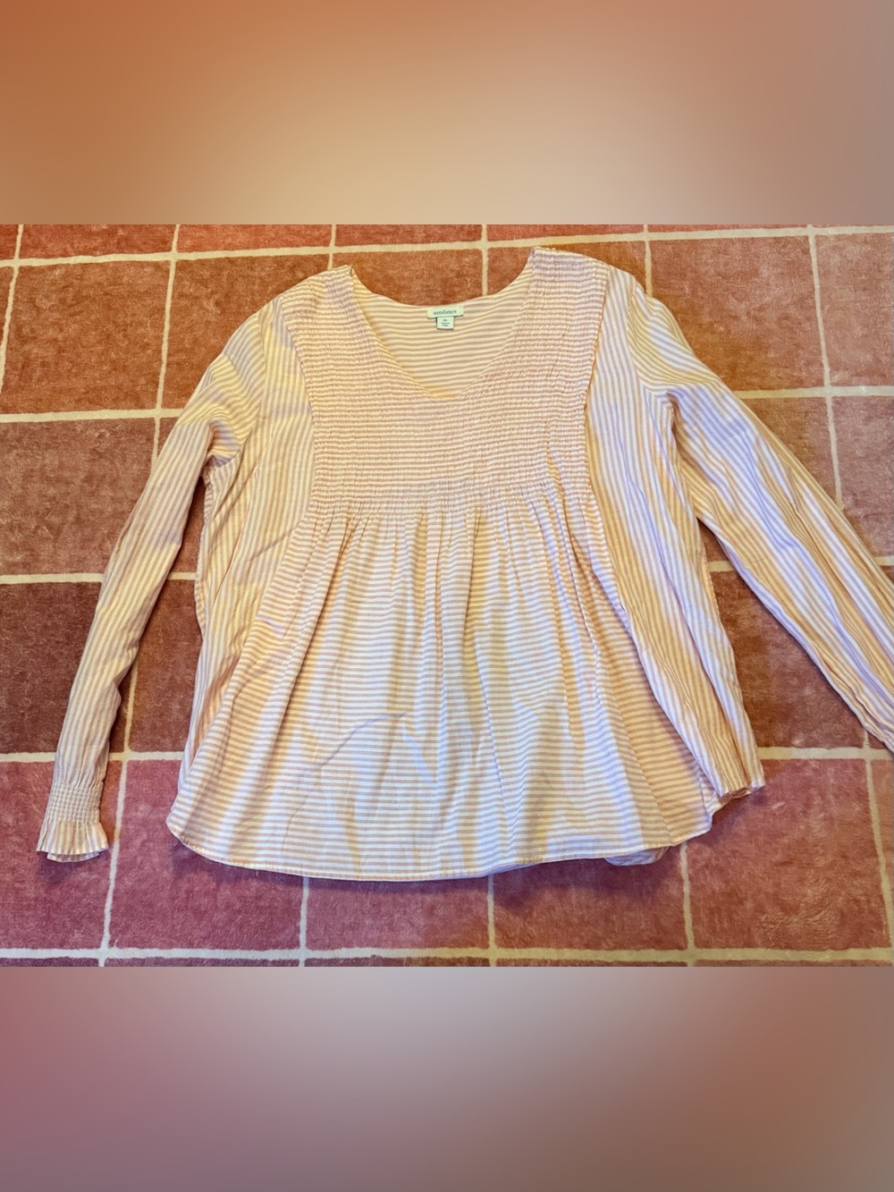 Sundance Light Pink and White Striped Long-Sleeve Smocked Yoke Top